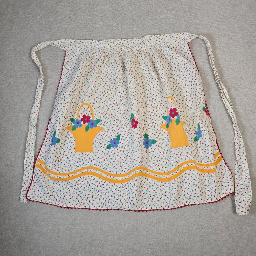 Vintage Half Apron Womens Floral Basket Waist Tie Housewife Kitchen Costume Farm